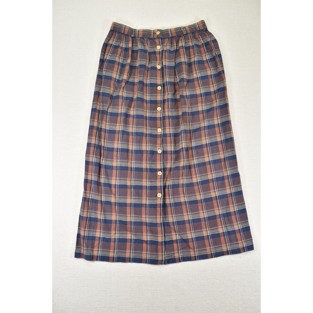Vtg J Peterman Plaid Skirt Button Front Womens 14 Cotton Midi A Line Pocket